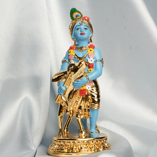 Krishna with Calf Idol - 24K Gold Plated & 999 Silver | 6 Inches Divine Love Statue for Home & Gifting