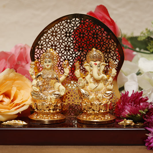 Lakshmi-Ganesha Set | 24K Gold-Plated Resin Statues with Decorative Arch