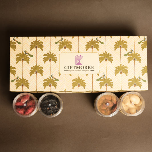 Elegant Nut Quartet Hamper | Flavored Almonds, Cashews, Kismis & Dragees | Customizable Premium Gift Box