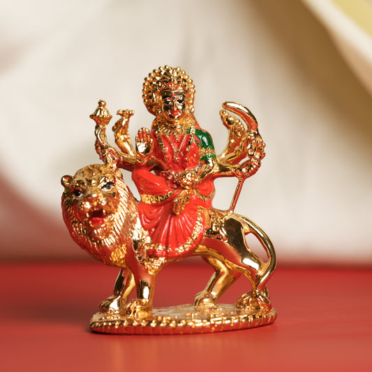 Gold-Plated Ambe Mata Idol on Lion - 3.5 Inches | Symbol of Protection, Power & Grace