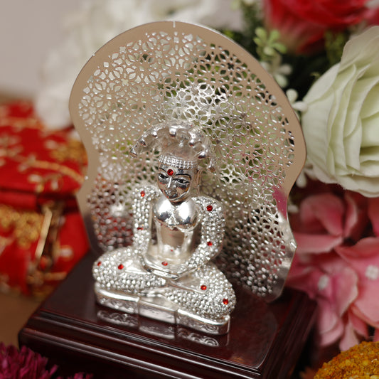 999 Silver-Plated Handcrafted Lord Mahavir Idol on Wooden Stand | Symbol of Peace, Wisdom & Spiritual Awakening