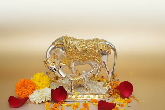 24K Gold-Plated Handcrafted Kamadhenu Cow and Calf Idol