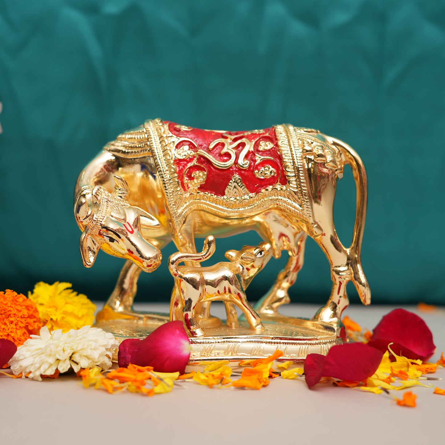 24K Gold-Plated Handcrafted Kamadhenu Cow and Calf Idol with Red Accents | Symbol of Prosperity and Abundance