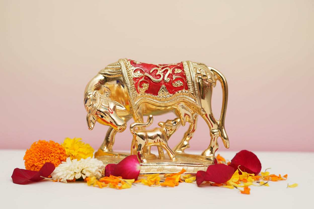 Kamadhenu Cow and Calf Idol | 24K Gold-Plated with Red Accents | Prosperity & Abundance