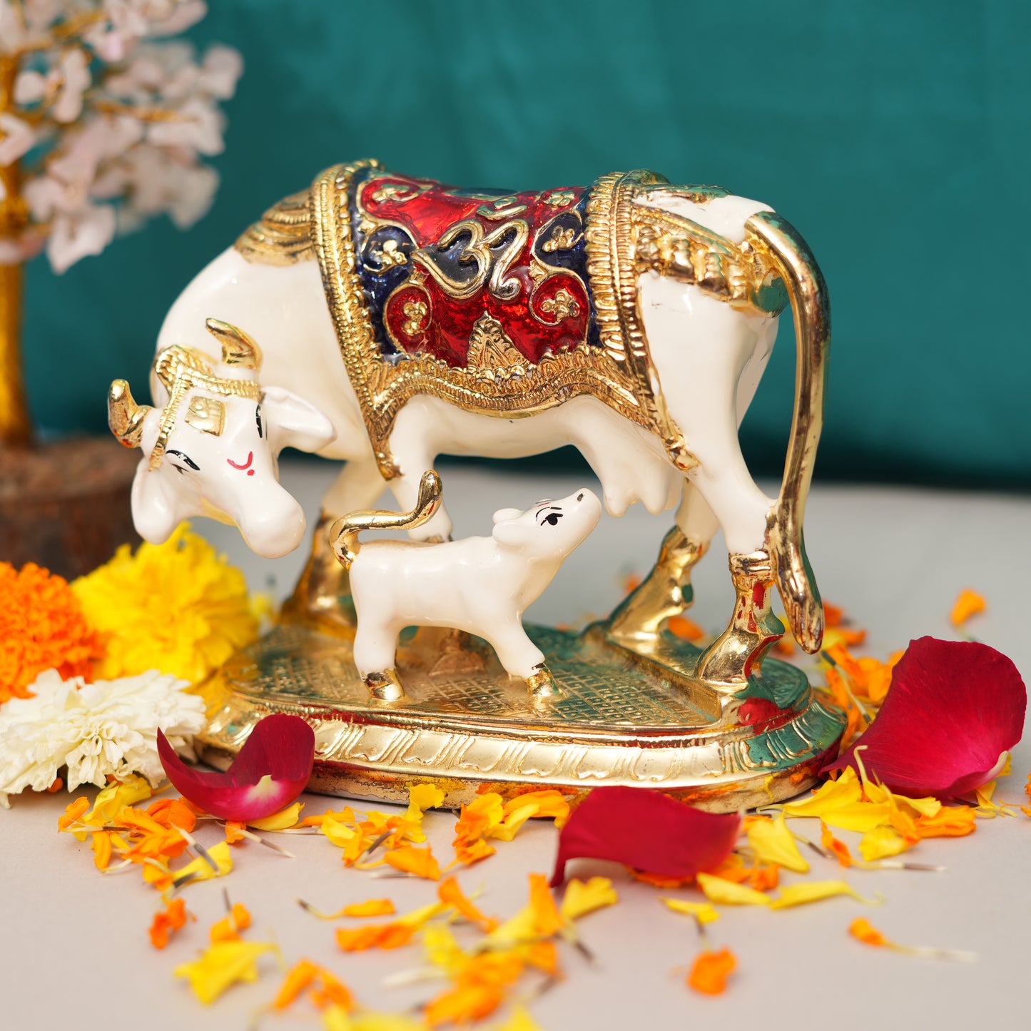 Decorative Kamadhenu Cow and Calf Figurine with Meenakari Detailing - Religious Showpiece