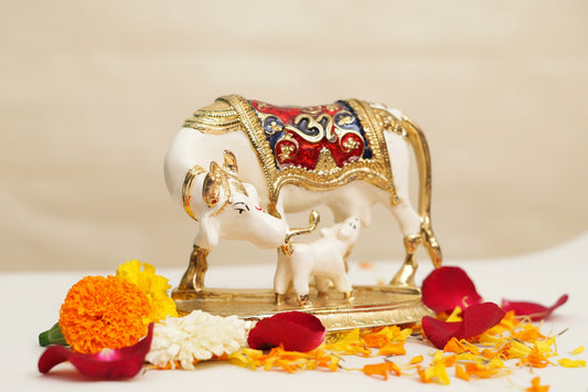 Decorative Kamadhenu Cow and Calf Figurine with Meenakari Detailing | Religious Showpiece for Prosperity & Blessings