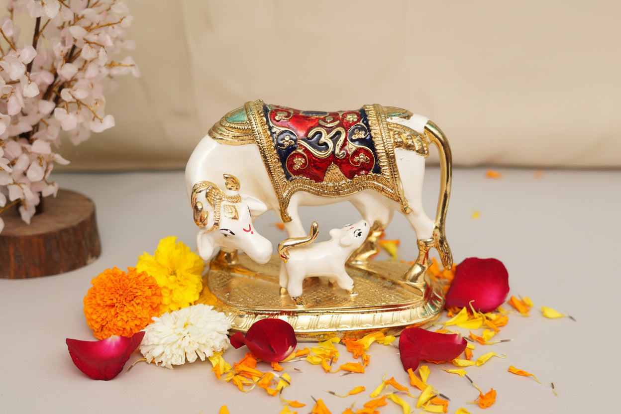 Decorative Kamadhenu Cow and Calf Figurine with Meenakari Detailing | Religious Showpiece for Prosperity & Blessings