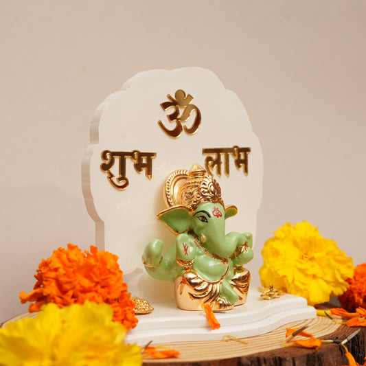 Decorative Lord Ganesha Figurine with "Shubh Labh" Backdrop | Religious Showpiece for Prosperity & Blessings