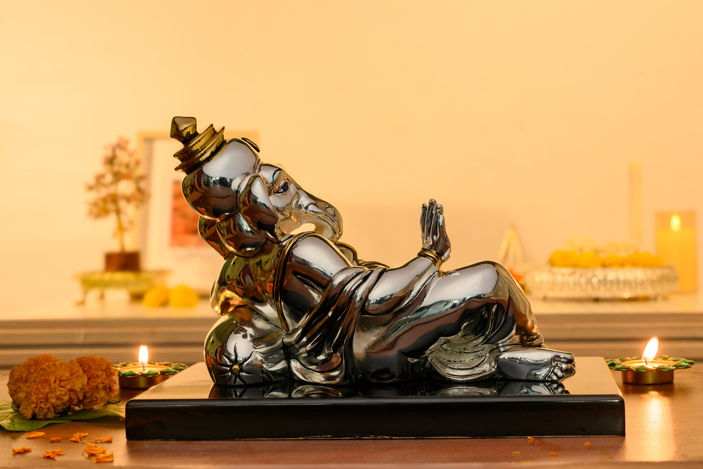 Resting Ganesha Idol – 999 Silver Plated with 24K Gold Accents | Tranquility for the Modern Soul