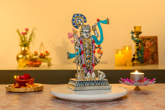 Shrinathji Idol in 24K Gold & 999 Silver | Nathdwara Murti with Hand-Decorated Detailing for Temple Decor