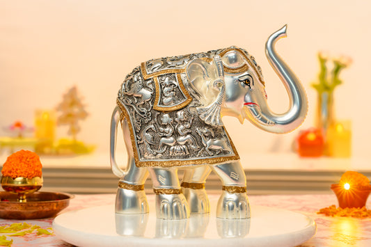 Antique Silver Elephant Idol | 999 Silver Matte Finish with Mythological Carvings | Vastu & Heritage Decor