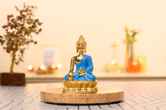 Blue Robe Buddha Idol in Dhyana Mudra | 24K Gold Plated Lotus Base | Meditation Decor & Desk Gift