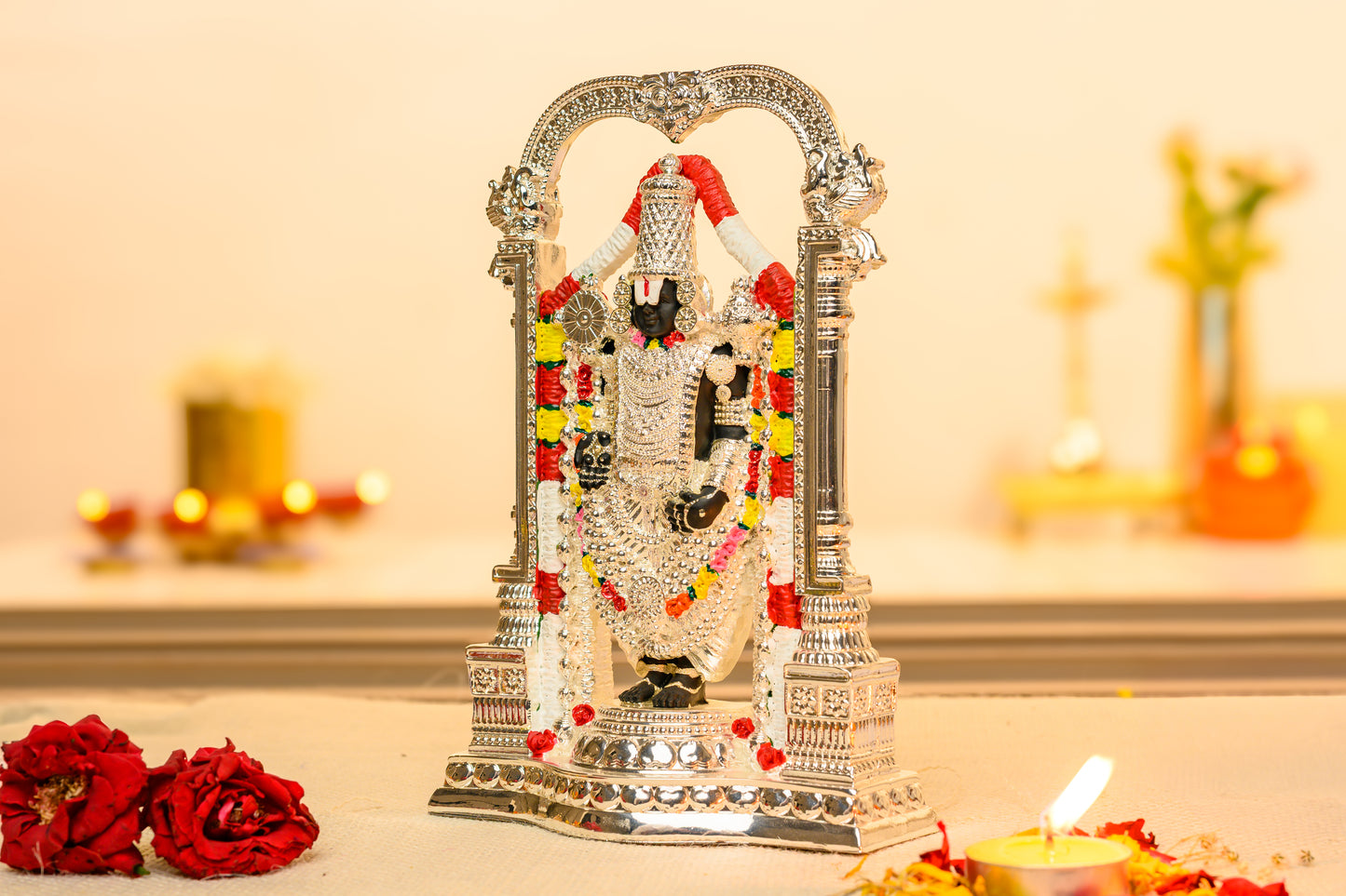 Tirupati Balaji Idol with Temple Arch | 999 Silver Plated Venkateshwara Murti | South Indian Pooja Decor