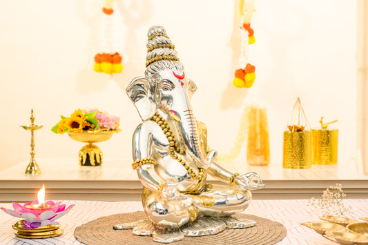 Rudraksh Ganesha Idol | Shiv Ganesh in Meditative Pose | 999 Silver with Gold Accents | Yogic Vastu Decor