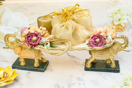 2 Elephant Enamel Tray Platter with Flower Decor for Home Décor & Gifting