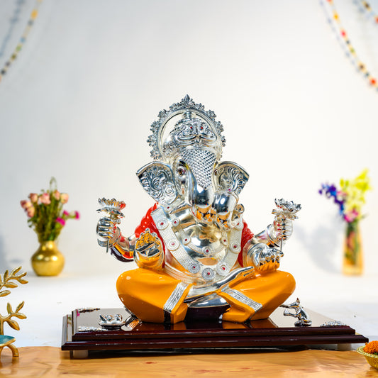 999 Silver Ganesha Idol with Orange Robe | Lotus Blessing Pose | Auspicious Gift for Home & Vastu