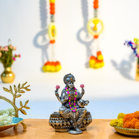 Antique Silver Lakshmi Idol with Pink Garland on Lotus Base – Diwali Gift