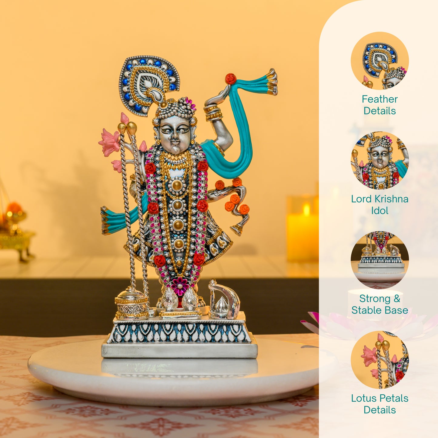999 Silver Shrinathji Idol with Mor Mukut | Nathdwara Krishna Form for Pooja & Temple Decor