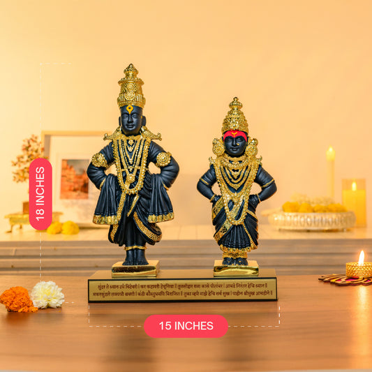 Vithoba Rukmini Idol Pair | Matte Black Finish with 24K Gold Accents | Pandharpur Bhakti Set with Shloka Base