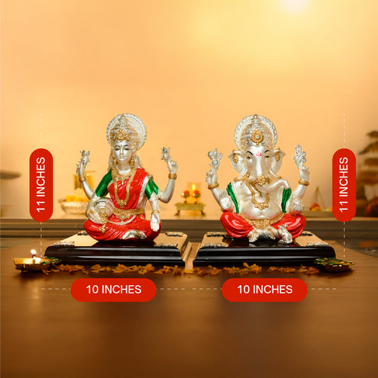 Lakshmi Ganesh Diwali Idol Set in 999 Silver & 24K Gold | Twin Festive Murtis on Wooden Base for Pooja & Gifting