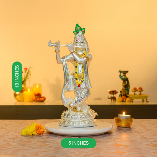 Krishna with Flute Idol in 999 Silver | Peacock Crown & Tribhanga Pose on Lotus Base | Divine Love Decor