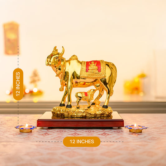 Kamdhenu Cow with Calf in 24K Gold Plating | Lakshmi Relief & Glossy Base for Pooja & Vastu Decor