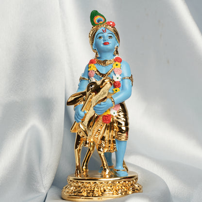 Krishna with Calf Idol - 24K Gold Plated & 999 Silver | 6 Inches Divine Love Statue for Home & Gifting