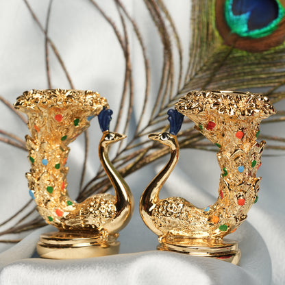 Majestic 24k Gold-Plated Peacock Candle Holder Set – 3 Inches with Vibrant Peacock Feathers