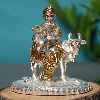 Krishna with Cow Idol - 24K Gold & 999 Silver Finish | Divine Flute & Cow Symbol of Love & Prosperity