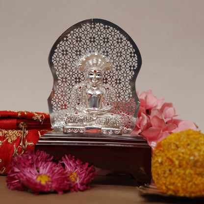 999 Silver-Plated Handcrafted Lord Mahavir Idol on Wooden Stand | Spiritual Peace, Wisdom & Tranquility