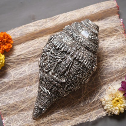 Antique Finish 999 Silver Meenakari Conch Shell - 7 Inches | Traditional Indian Craft for Home Décor & Religious Use