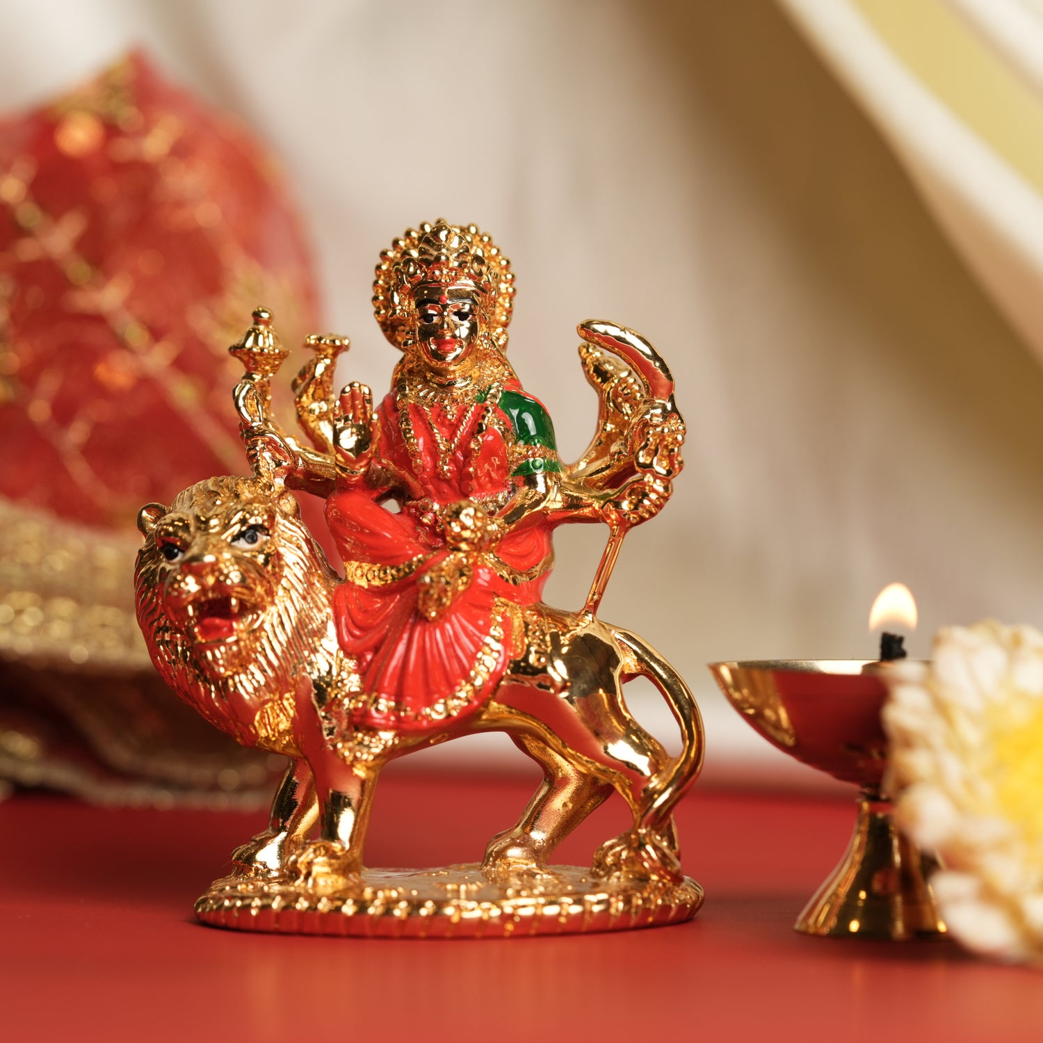 Gold-Plated Ambe Mata Idol on Lion - 3.5 Inches | Symbol of Protection & Divine Blessings
