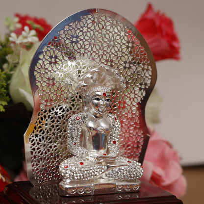 999 Silver-Plated Handcrafted Lord Mahavir Idol on Wooden Stand | Symbol of Peace, Wisdom & Spiritual Awakening