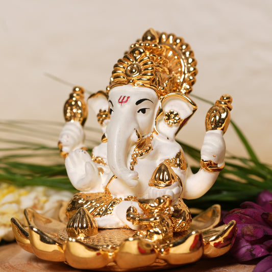 Elegant 24K Gold-Plated White Ganesha Idol - 2.5 Inch | Remover of Obstacles & Symbol of Wisdom