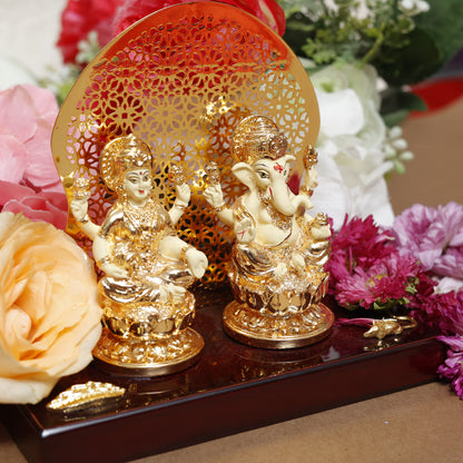 Lakshmi-Ganesha Set | 24K Gold-Plated Resin Statues with Decorative Arch
