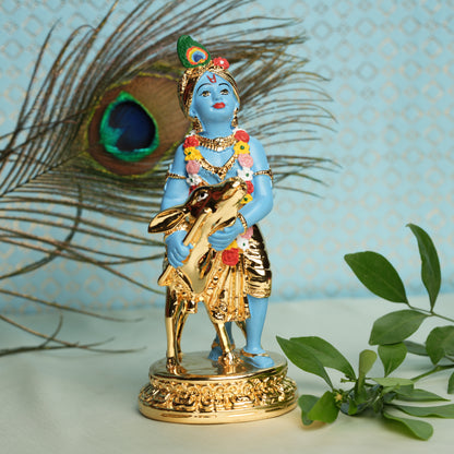 Krishna with Calf Idol - 24K Gold Plated & 999 Silver | 6 Inches Divine Love Statue for Home & Gifting