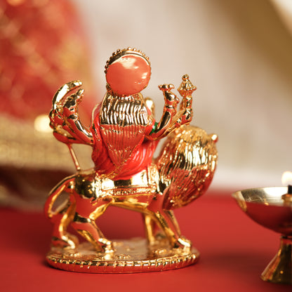 Gold-Plated Ambe Mata Idol on Lion - 3.5 Inches | Symbol of Protection, Power & Grace
