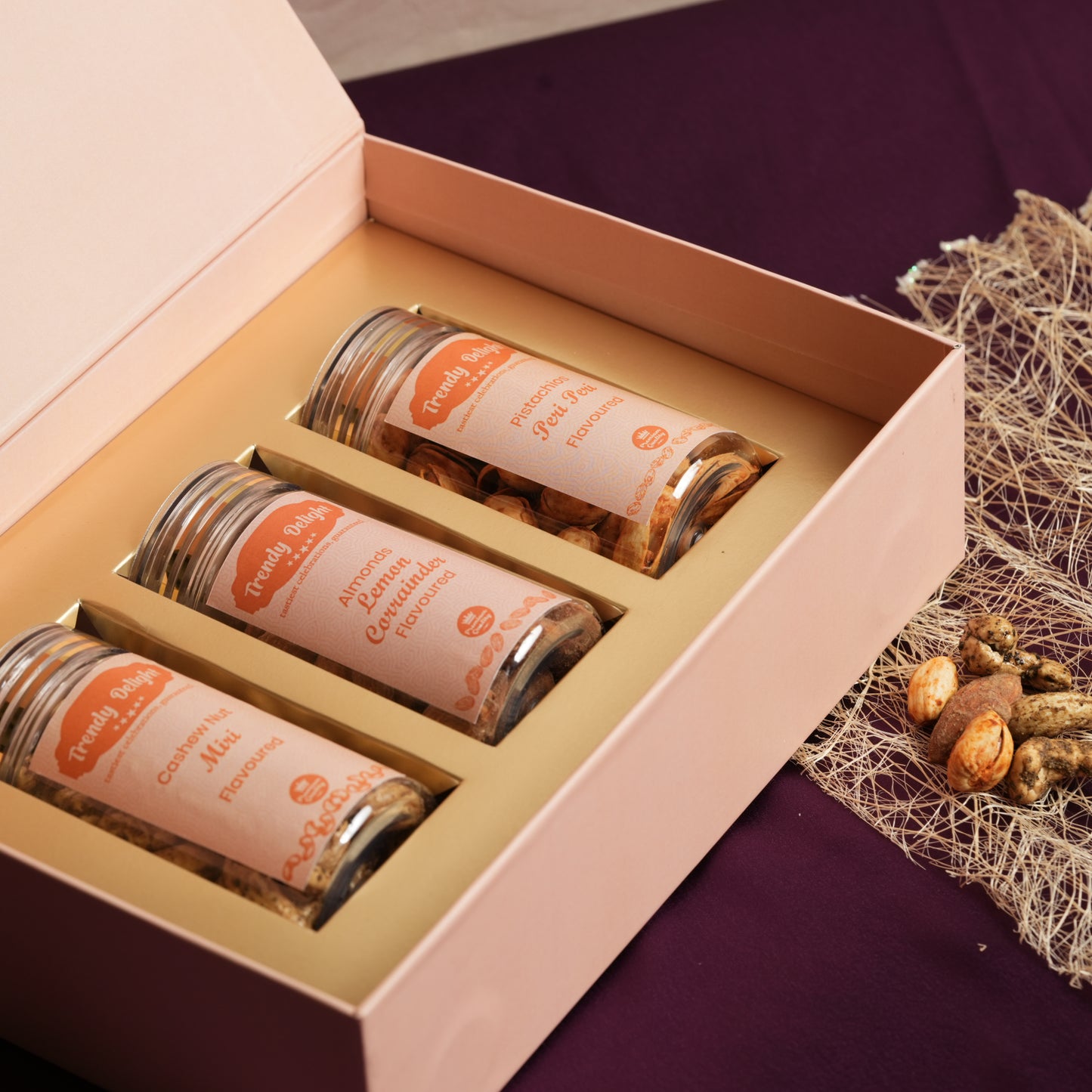 Premium Customizable Nut Trio Hamper | Flavored Almonds, Cashews & Pistachios | Gourmet Gifting Box