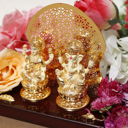 Lakshmi-Ganesha Set | 24K Gold-Plated Resin Statues with Decorative Arch