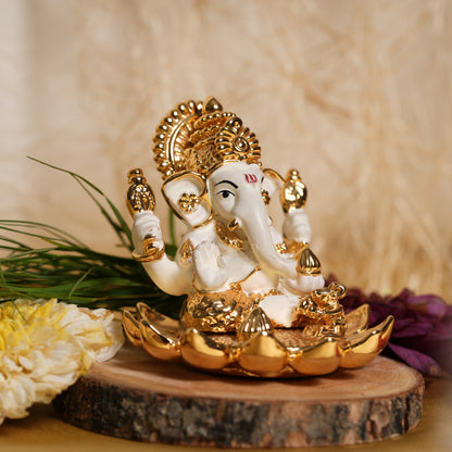 Elegant 24K Gold-Plated White Ganesha Idol - 2.5 Inch | Remover of Obstacles & Symbol of Wisdom