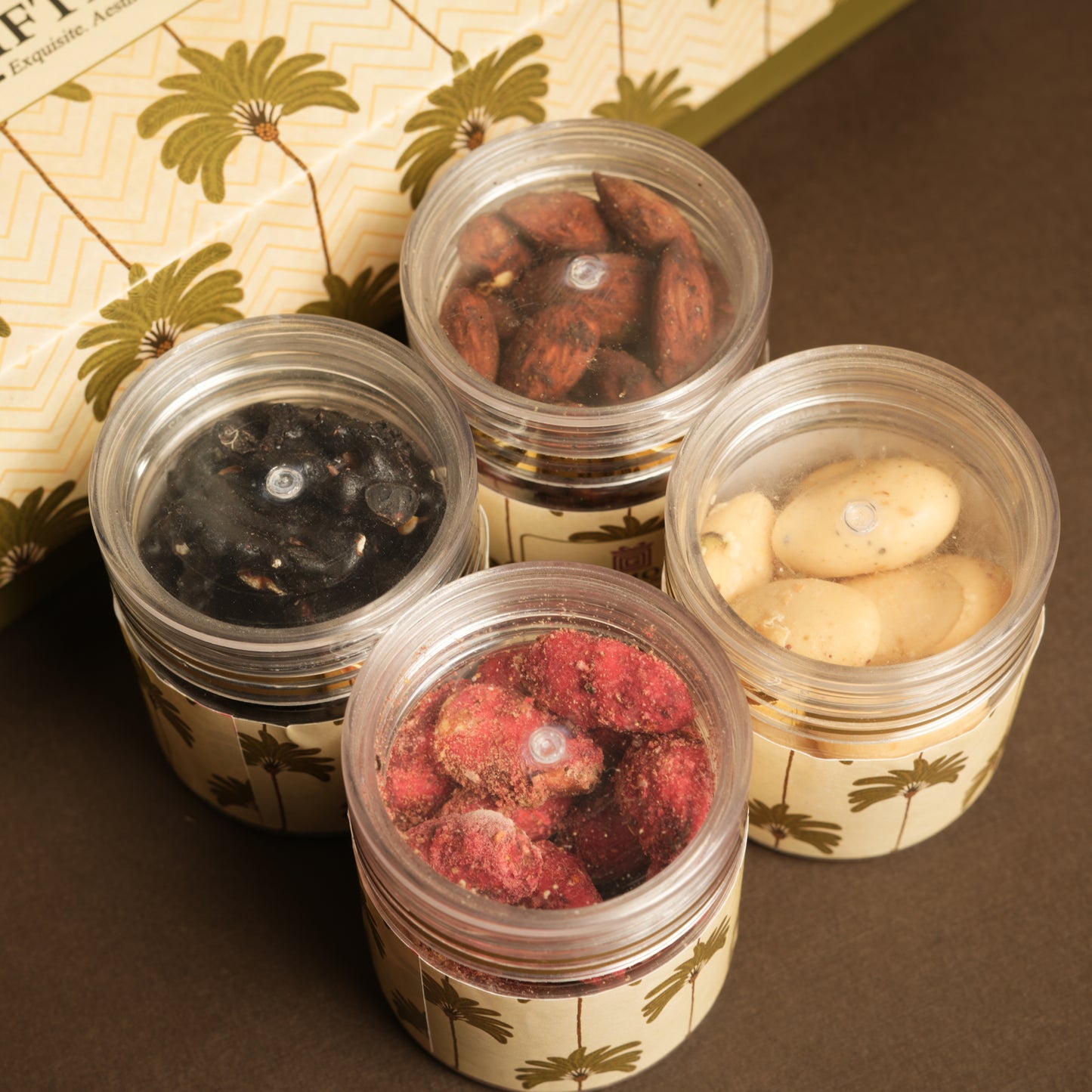 Elegant Nut Quartet Hamper | Flavored Almonds, Cashews, Kismis & Dragees | Customizable Premium Gift Box