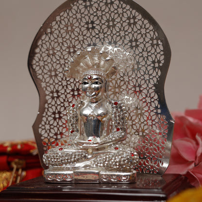999 Silver-Plated Handcrafted Lord Mahavir Idol on Wooden Stand | Symbol of Peace, Wisdom & Spiritual Awakening