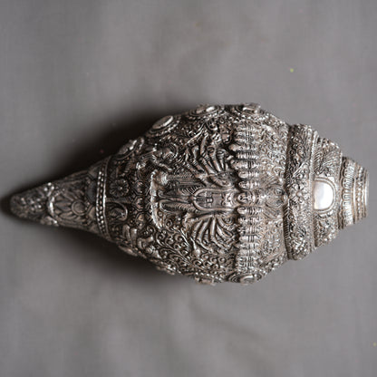 Antique Finish 999 Silver Meenakari Conch Shell - 7 Inches | Traditional Indian Craftsmanship for Home Décor & Religious Ceremonies