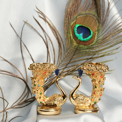 Majestic 24k Gold-Plated Peacock Candle Holder Set - 3 Inch | Elegant Home Décor for Festivals & Gifting
