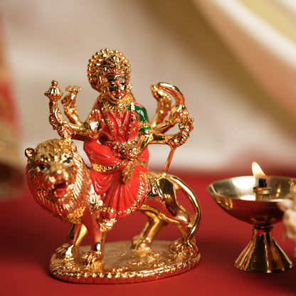 Gold-Plated Ambe Mata Idol on Lion - 3.5 Inches | Symbol of Protection, Power & Grace