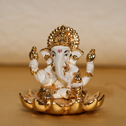 Elegant 24K Gold-Plated White Ganesha Idol - 2.5 Inch | Remover of Obstacles & Symbol of Wisdom