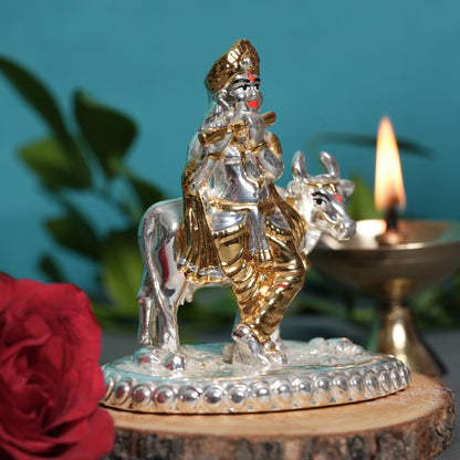 Krishna with Cow Idol - 24K Gold & 999 Silver Finish | Divine Flute & Cow Symbol of Love & Prosperity