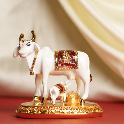 Kamadhenu Cow and Calf Figurine - 4 Inches | Divine Symbol of Prosperity, Nourishment & Maternal Care
