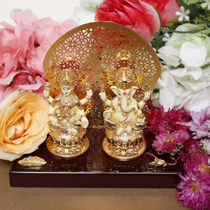 Lakshmi-Ganesha Set | 24K Gold-Plated Resin Statues with Decorative Arch