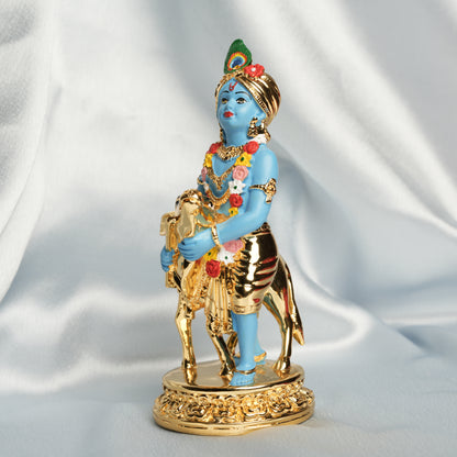 Krishna with Calf Idol - 24K Gold Plated & 999 Silver | 6 Inches Divine Love Statue for Home & Gifting